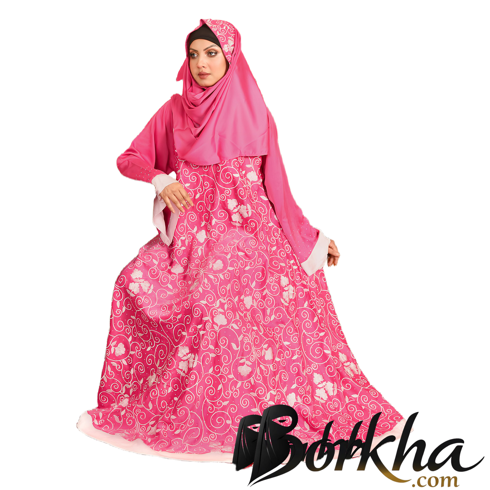 23d62cb4-aa51-4fdc-9f26-698ffdcac3a7 Pink Color Gown Borka with Embroidery & Stone Work | Irani Borka Bazar - Image 1