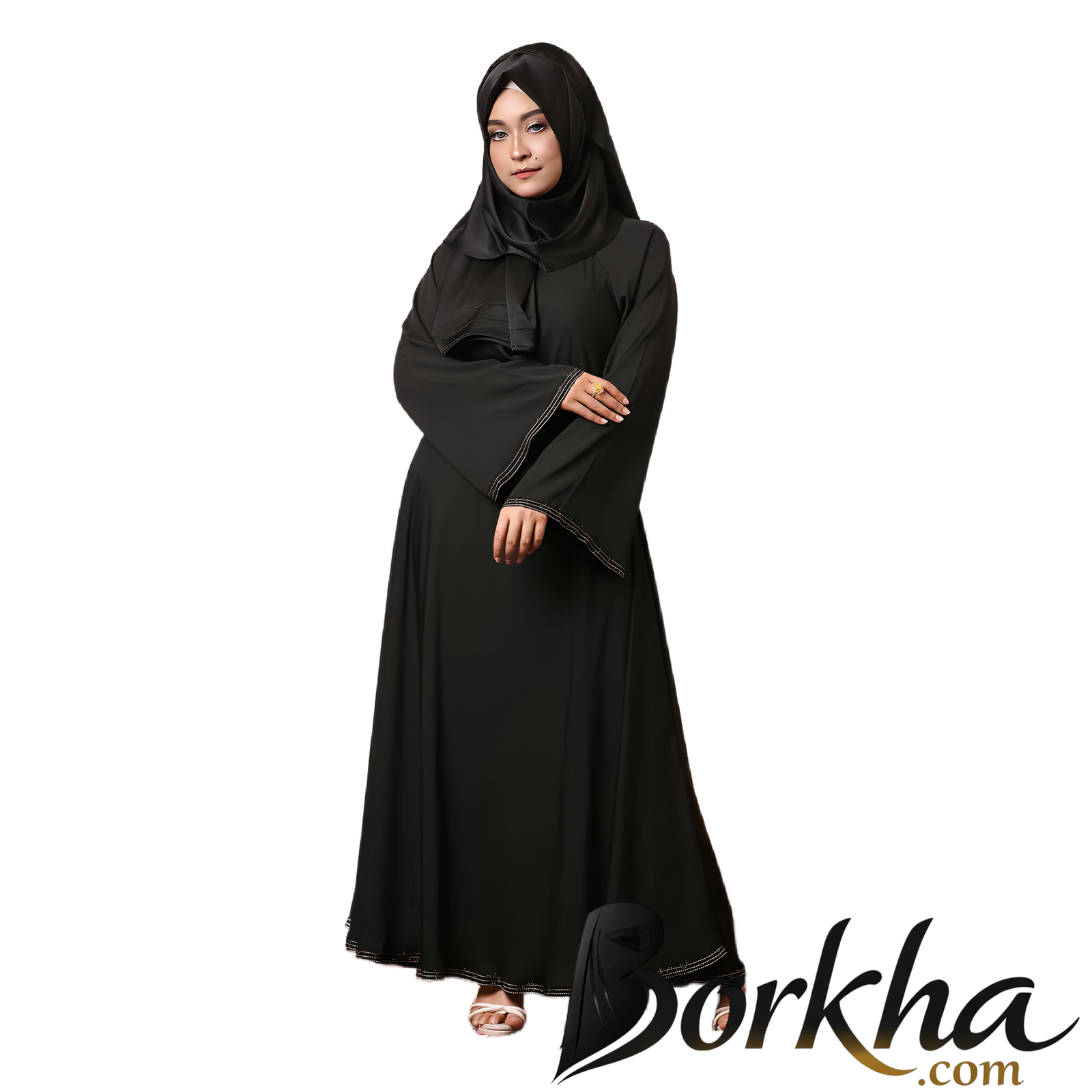 46670c3b-4cdd-4b5e-812c-fd80316d02a7 Black Gown Borka with Stone Work | Irani Borka Bazar - Image 1