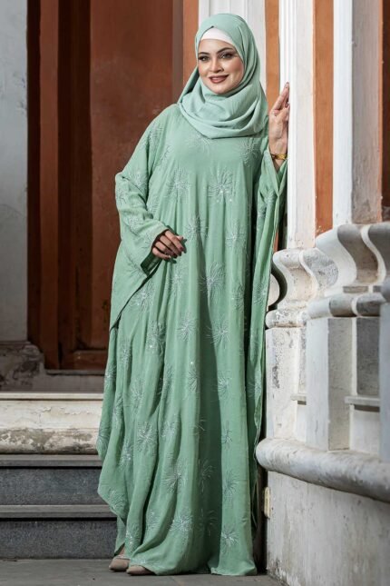 Lemon Mint Color Abaya with Embroidery & Stone Work image