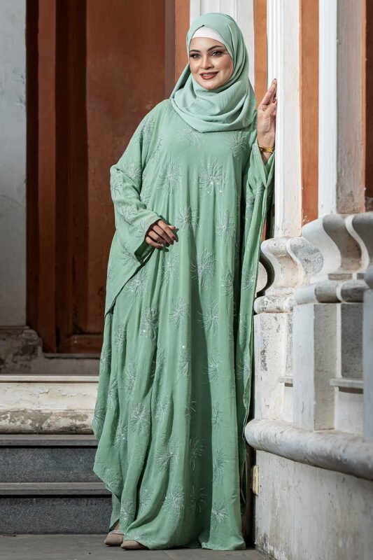 Lemon Mint Color Abaya with Embroidery & Stone Work image