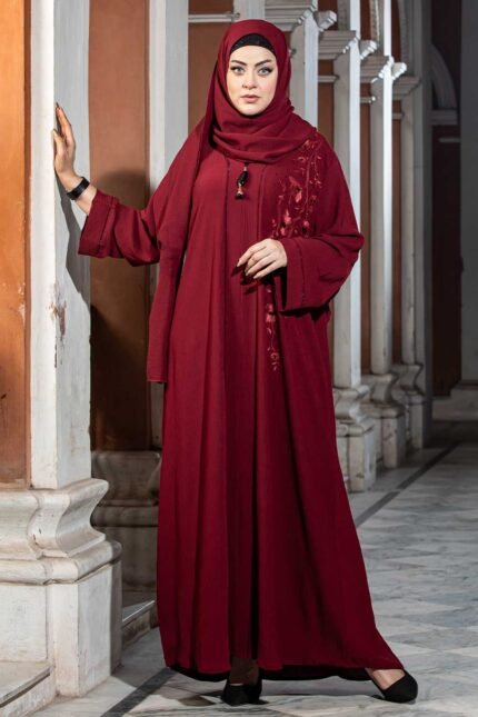 Maroon Color Borka Design with Embroidery & Stone Work image