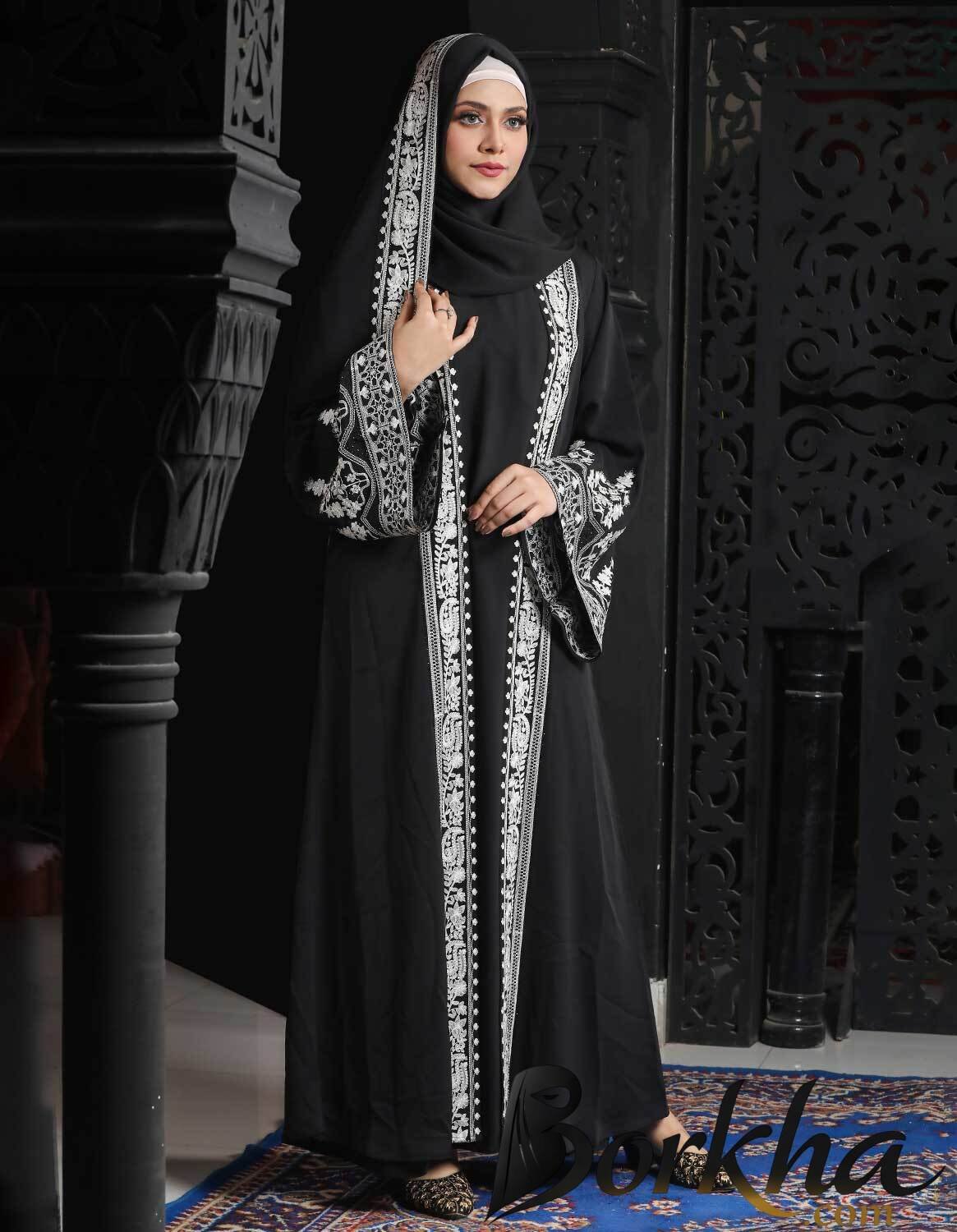 Black Color Attached Koti Borka with Embroidery & Stone Work | Irani Borka Bazar Black Color Attached Koti Borka with Embroidery & Stone Work | Irani Borka Bazar