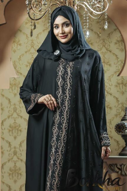 Black Color Borka Design with Embroidery & Stone Work | Irani Borka Bazar