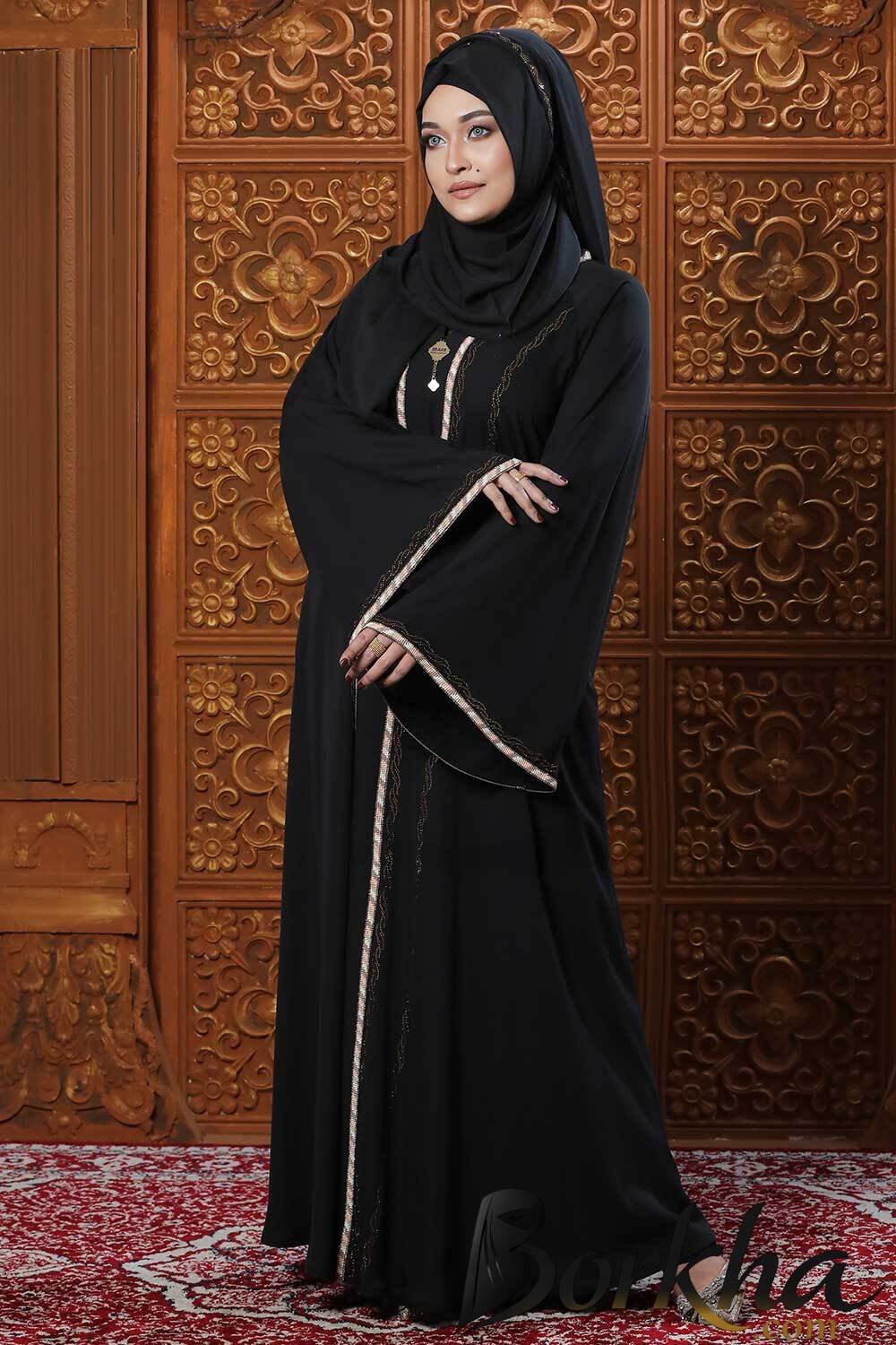 Black Color Gown Borka with Lace & Stone Work | Irani Borka Bazar Black Color Gown Borka with Lace & Stone Work | Irani Borka Bazar