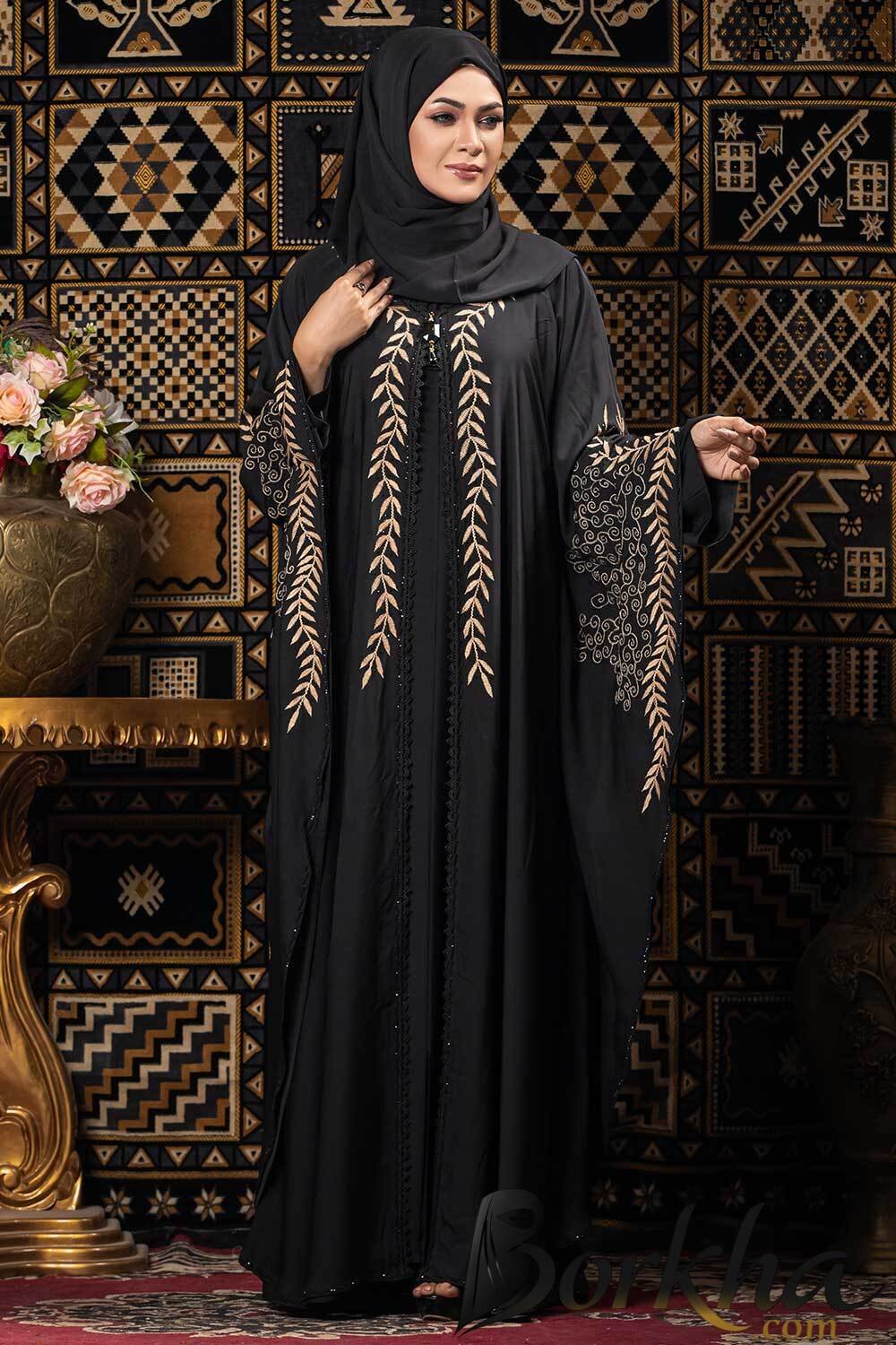 Black Color Koti Abaya with Embroidery & Stone Work | Irani Borka Bazar Black Color Koti Abaya with Embroidery & Stone Work | Irani Borka Bazar