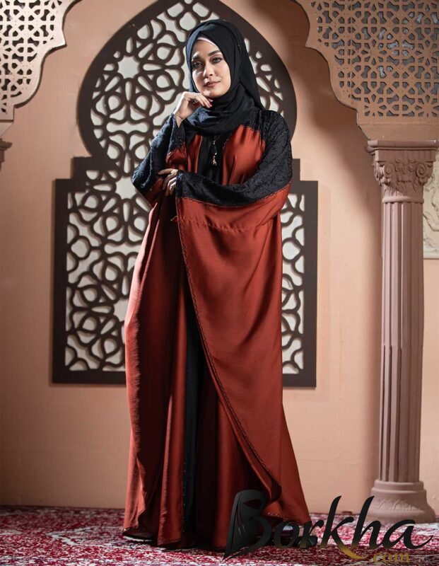Black & Maroon Color Abaya with Embroidery & Stone Work | Irani Borka Bazar