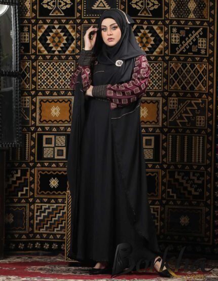Black & Maroon Color Abaya with Stone Work | Irani Borka Bazar