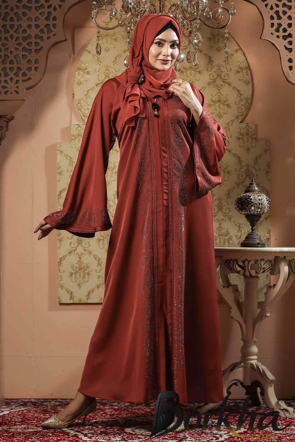 Dark Orange Color Gown Borka with Stone Work | Irani Borka Bazar Dark Orange Color Gown Borka with Stone Work | Irani Borka Bazar