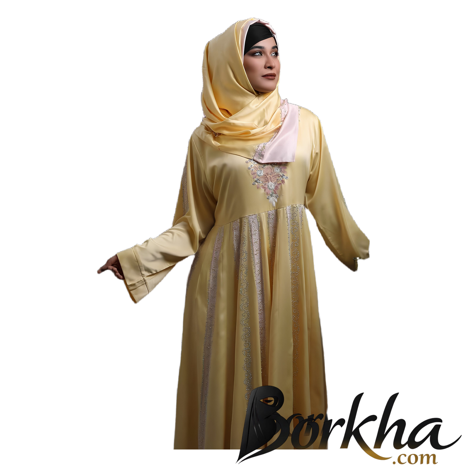 e193a3ae-dfb0-4f71-b7d9-e131f96f16d0 Yellow Color Gown Borka with Embroidery & Stone Work | Irani Borka Bazar - Image 1