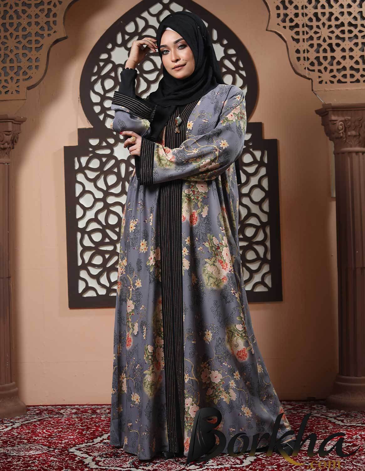 Floral Printed Borka with Stone Work | Irani Borka Bazar Floral Printed Borka with Stone Work | Irani Borka Bazar