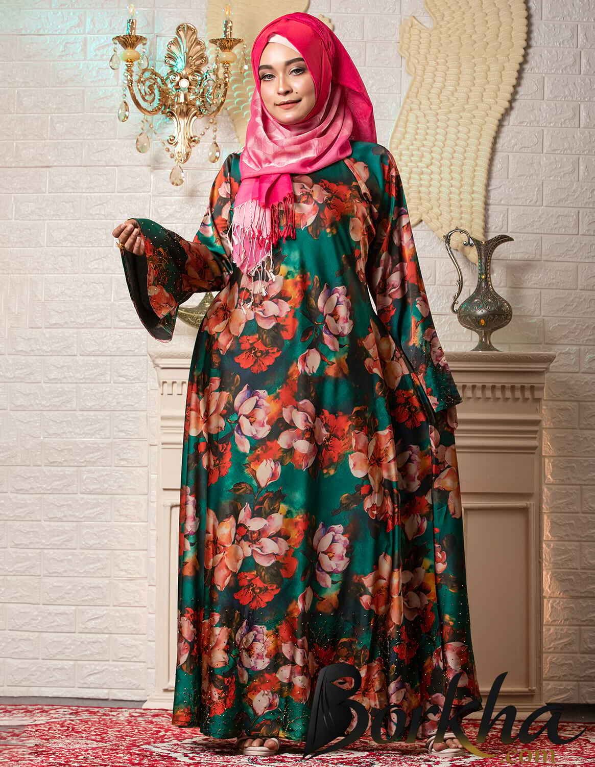 Floral Printed Gown Borka with Stone Work | Irani Borka Bazar Floral Printed Gown Borka with Stone Work | Irani Borka Bazar