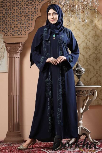 Navy Blue Color Borka Design with Stone Work | Irani Borka Bazar