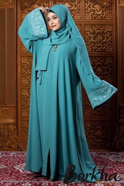 Ocean Blue Color Borka Design with Embroidery & Stone Work | Irani Borka Bazar