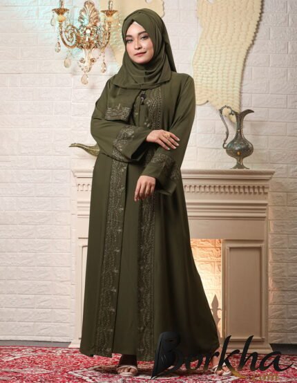 Olive Green Koti Borka with Embroidery & Stone Work | Irani Borka Bazar