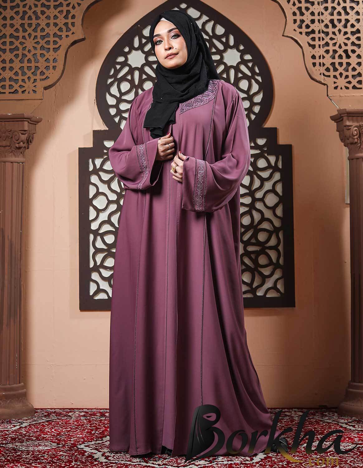 Onion Color Koti Borka with Embroidery & Stone Work | Irani Borka Bazar Onion Color Koti Borka with Embroidery & Stone Work | Irani Borka Bazar