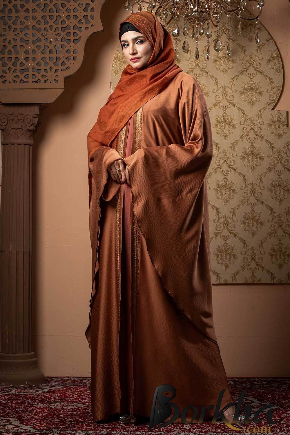 Orange Color Abaya with Lace & Stone Work | Irani Borka Bazar Orange Color Abaya with Lace & Stone Work | Irani Borka Bazar
