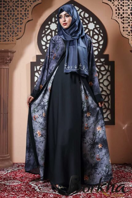 Premium Floral Printed Koti Borka with Stone Work | Irani Borka Bazar