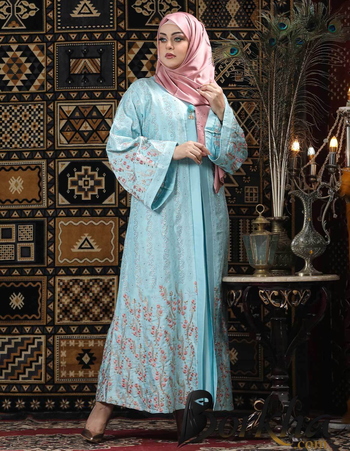 Sky Color Attached Koti Borka with Embroidery & Stone Work | Irani Borka Bazar Sky Color Attached Koti Borka with Embroidery & Stone Work | Irani Borka Bazar